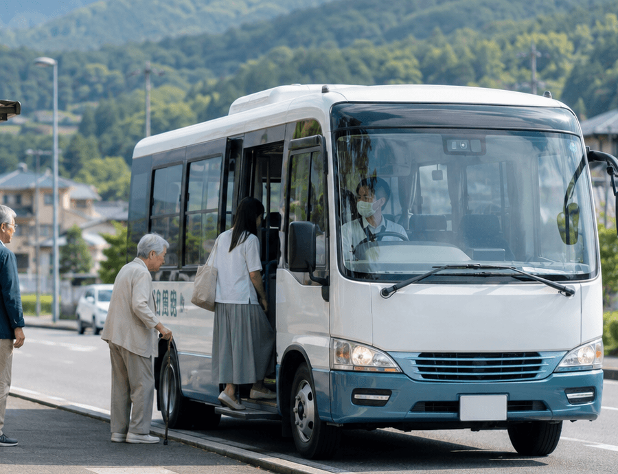 支援を受けてバスに乗車する高齢者 — レポートが扱う現場
